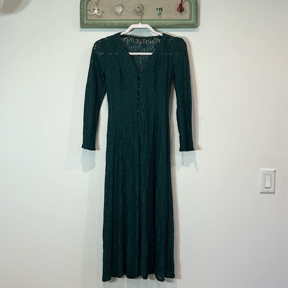 Vintage 90s all that jazz emerald green lace long sleeve midi dress women’s